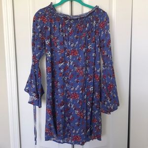 Blue, floral off the shoulder dress.